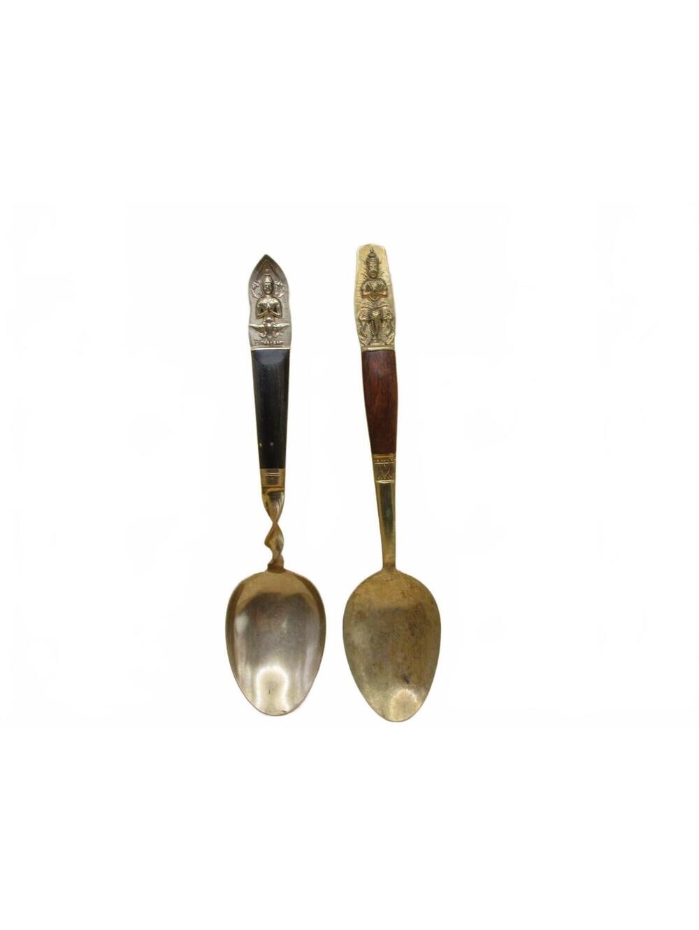 Vintage Thai Nickel Bronze Wood Serving Spoons Set Mid Century MCM